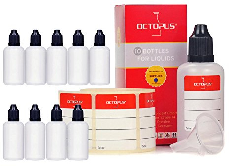Octopus 10 x 50 ml vätskeflaskor med tratt + etiketter, t.ex. för e-vätskor + e-cigaretter, LDPE-plastflaskor, flaskor för vätskedosering, droppflaskor eller klämflaskor + svarta lock.