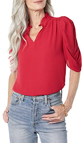 Amazon Essentials Chemisier léger en crêpe Georgette tissée à Manches mi-Longues et col à Volants Femme, Rouge Framboise, XL