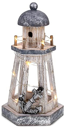 CoTa Global Silver Sea Nautical Wooden Lantern Lighthouse With LED Lights - Table Top Centerpiece Coastal Decor For Home, Beach House, Rustic Decorative Lamp with Boat Anchor - Handmade Color May Vary
