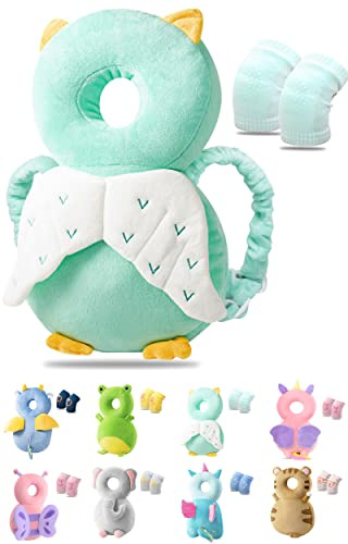 JEJA Baby Head Protector Backpack and Baby Knee Pads for Crawling, Adjustable Head Back Protection Safety Pads Toddler Walking, Owl