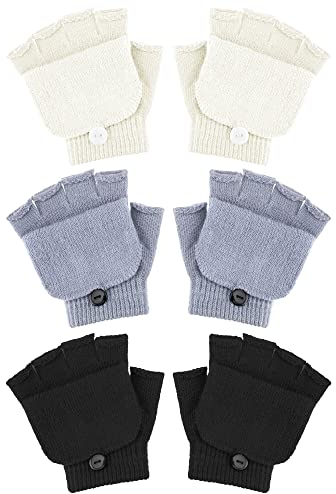 3 Paar Winter Fingerlose Handschuhe für Kinder Warme Handschuhe mit Klappe Halbfinger Fäustlinge (Schwarz, Weiß, Grau)