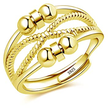 Cangall Silver ångestringar, 925 sterling silver ångest fidgetring, justerbara öppna anti-ångestringar med pärlor spinner-ring, unisex silver fidgetring för stress depression lindring, Adjustable