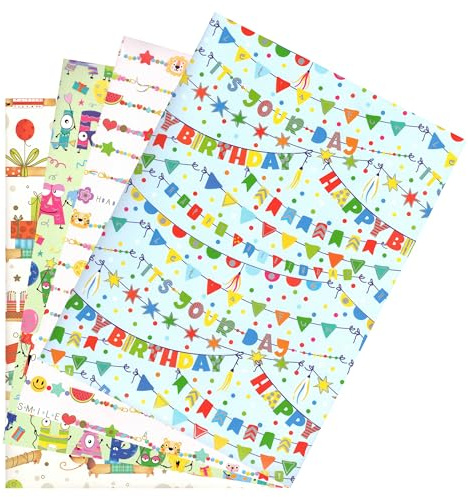 ARKRAFT 4 fogli set carta da regalo formato 90 x 65 cm confezione in carta senza plastica (Compleanno)