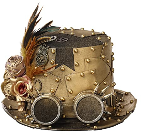 BLESSUME Sombrero de Copa Steampunk con Gafas para Carnaval, Halloween, Fiesta Temática (M, Bronce 5)