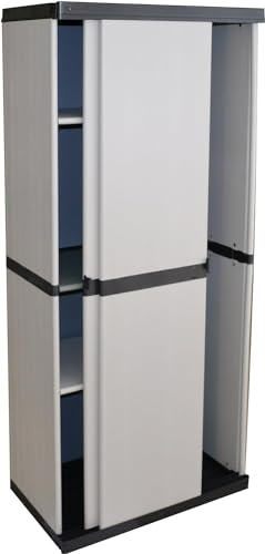 Besenschrank Mit Schiebetüren | Werkzeugschrank Für Den Außenbereich | Wasserdichter Kleiderschrank Mit 3 Böden | Besenhalter Aus Kunststoff 40 x 68 x 168 cm, Grau