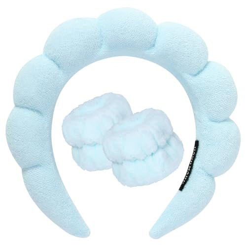 DRESHOW Diadema Spa para Lavarse la Cara Set de Muñequeras Esponja de Rizo Suave Maquillaje Cuidado de la Piel Diadema Antideslizante para Mujer