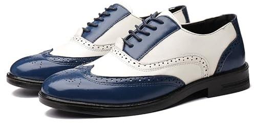 Ninepointninetynine Scarpe Eleganti da Uomo Stringate Brogue Punta ad Ala in Rilievo Scarpe Oxford in Pelle vegana Bicolore Suola in Gomma Antiscivolo Tacco Largo Antiscivolo Parte Bassa (Color : Blu