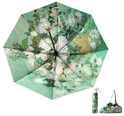 Anopo Kleiner Regenschirm für Regen und Sonne Taschenschirm Sturmfest für Damen mit 8 Rippen Blume Faltbarer Regenschirm UV Schutz mit Organizer Tasche Grüne Rosen