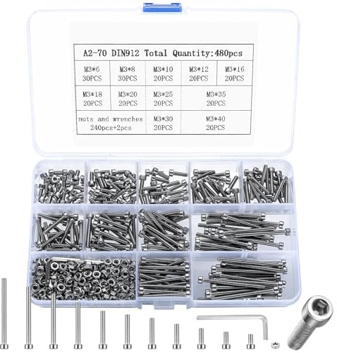 480 Pzs M3 Juego de Tornillos y Tuercas, Tornillos de Cabeza Hueca Hexagonal de Cabeza Cilíndrica con Tuercas, Pernos de Máquina de Acero Inoxidable para Bicicleta Motocicleta