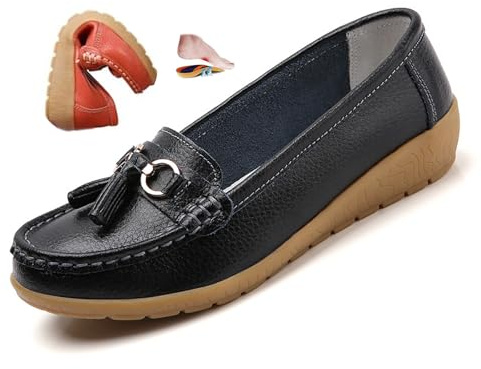 ZPLMIDE Mocassins orthopédiques pour femme en cuir respirant, mocassins classiques en cuir à talons compensés, mocassins décontractés à enfiler, chaussures de randonnée