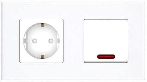 PULSAR Lichtschalter mit Kontroll-Leuchte/Steckdose 2 Fach Glas Kontrollschalter mit Glimmlampe Weiß Schalter mit Steckdose Unterputz Ein- / Ausschalter mit Steckdose