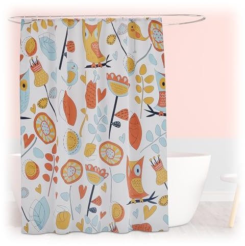Relaxdays Duschvorhang mit Eulen, Bad Vorhang 180x200, Anti-Schimmel, waschbar, 12 Ringe, Badewannenvorhang, Mehrfarbig