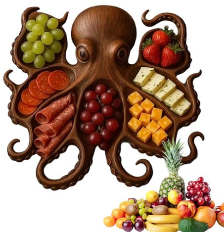 Gihioue Assiette en bois en forme de pieuvre pour saucisses, assiettes plates en bois pour viande, fruits, fruits de mer lors de fêtes, pique-niques ou cuisine-salon