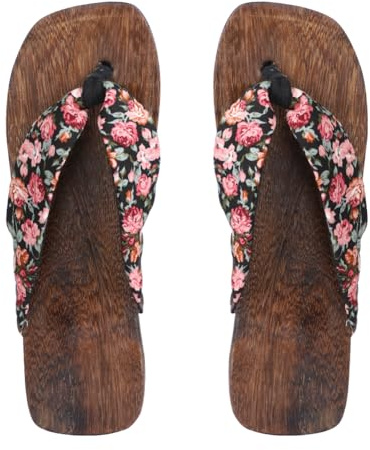 SIQITECHUK Sandales Geta en bois pour femme - Sabots japonais traditionnels à talon plat - Chaussures d'été - Kimono, tongs pour scène, cosplay, Noir , 38 EU
