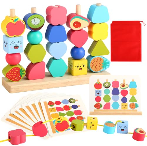 Kievano Jeux Montessori 2 Ans en Bois – Jouet Éducatif 4-en-1 avec Perles Fruits à Enfiler, Blocs à Empiler et Tri de Formes – Motricité Fine – Cadeau Éducatif Bébé Enfant Fille Garçon