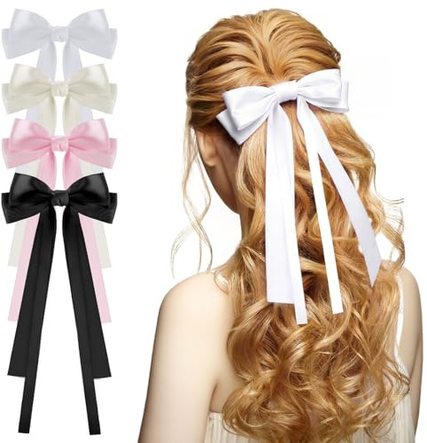 ViEinkaufen 4Pcs Hair Bows, Silky Satin Hair Bows for Women Girls (Beige/White/Pink/Black)