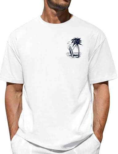 Lonya Tee Shirt Homme Oversized Été, Graphic T-Shirts à Manches Courtes 100% Coton Imprimé Palmier Vagues Coucher de Soleil Col Rond Basique Casual Plage Vacances Tops, H-Blanc, M