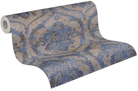 A.S. Création Vibes & Styles Davide Maison Du Temps 790191 - Carta da parati in tessuto non tessuto, motivo neo-classico, effetto damascato, decorazione barocca, 10,05 m x 0,53 m, colore: blu/marrone