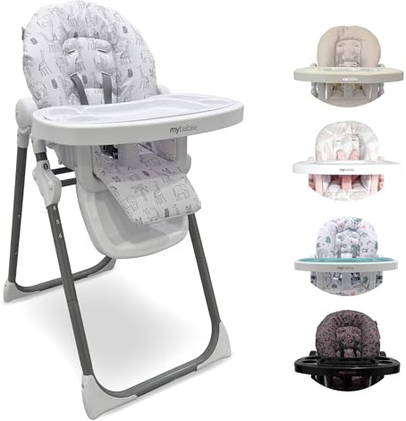 My Babiie MBHC8 Premium Highchair – Adjustable, 3 Recline Positions, 6 Height Settings, Removable Tray, Padded Seat, Foldable, for Toddler, from 6 Months to 3 Years (15kg) – Wild Safari