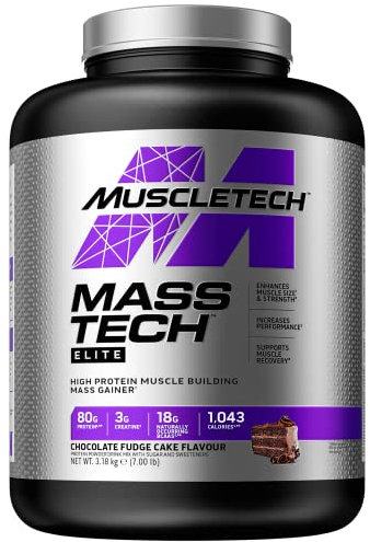MuscleTech MassTech Elite Proteinpulver, Baut Muskelgröße Und -Stärke Auf, Molkenisola Massenproteinpulver Mit 3 g Kreatin, 80 g Protein, 18 g BCAA, 14 Portionen, 3,2 kg