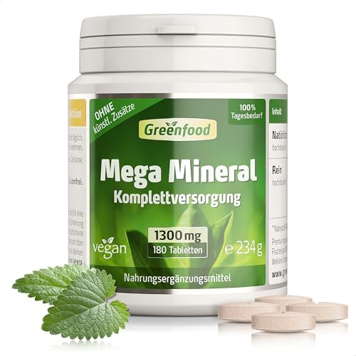 Greenfood Megamineral, hochdosiert, 1300mg - 180 Tabletten, vegan. Mineralstoff-Komplex & Spurenelemente - Magnesium, Calcium, Zink, Selen & Jod - für Knochen, Haare, Nägel & Nerven.