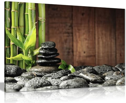 Green Spa Botanical Bamboo Grove Black Zen Stones Old Wooden Background Canvas Wall Art Picture Print (24x16)