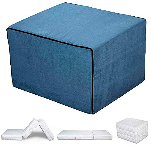 EVERGREENWEB Klappbarer Sitzhocker mit Einzelbett-Matratze aus Waterfoam, 10 cm Hoch, Bezug Abnehmbar, Hypoallergen, Geeignet für Schlafzimmer oder Wohnzimmer (Glattes Wildleder, Blau)