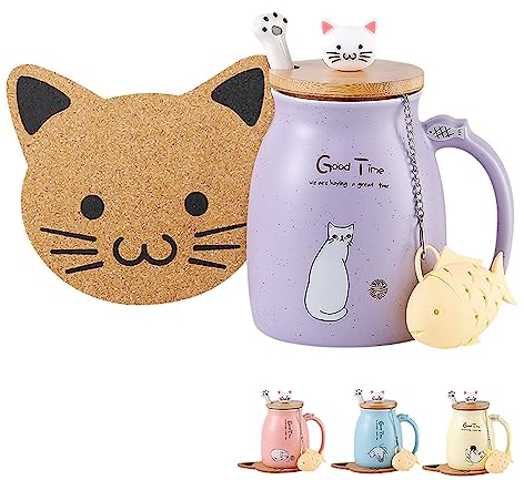 BigNoseDeer Katzentasse Süße Kaffeetasse aus Keramik mit Lovely Kitty Deckel Löffel, Morgentasse Tee Milch Geburtstagsgeschenk Weihnachtsbecher 380ML (Violett)