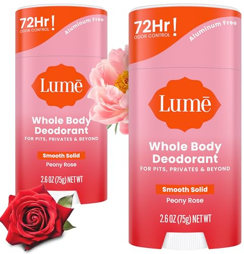 Lume Whole Body Deodorant - Smooth Solid Stick - 72 Hour Odor Control - Aluminum Free, Baking Soda Free and Skin Safe - 2.6 Ounce (Pack of 2) (Peony Rose)