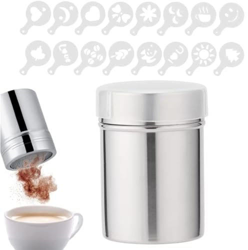 Shaker à farine, sucre, sel, 198,4 g, en acier inoxydable, 16 pochoirs de barista, glaçage, sucre, sel, cacao, farine, café, tamis pour travaux manuels de cuisine