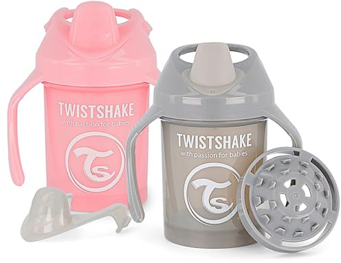 Twistshake 2x Gobelet Pour Bébé Avec Bec Souple Et Mixeur De Fruits - 230ml | Sans BPA | Gourde D'apprentissage Pour Enfants | Rose Gris