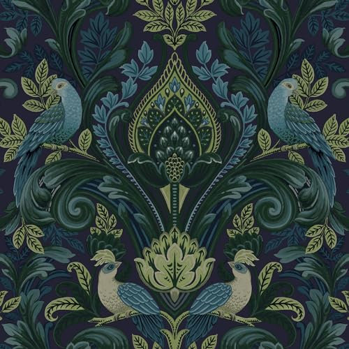 Grandeco Peacock and Leaf Scrolls Opulent Damask Textured Wallpaper, Green Blue