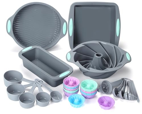 To encounter 45 Pieces Silicone Bakeware Set, BPA Free Silicone Baking Pans, Nonstick Silicone Baking Molds for Cake, Bread and Cupcake, with Measuring Cups and Spoons Set, Light Grey