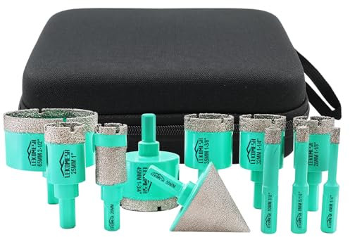LEKOMESH Brocas Coronas para Porcelanico - 11piezas (6/8/10/25/28/32/35/45/65mm+20mm Fresa Broca Diamante+50mm Broca Fresado Chaflán) Brocas Diamante para Porcelana Cerámica,Vástago Triangular
