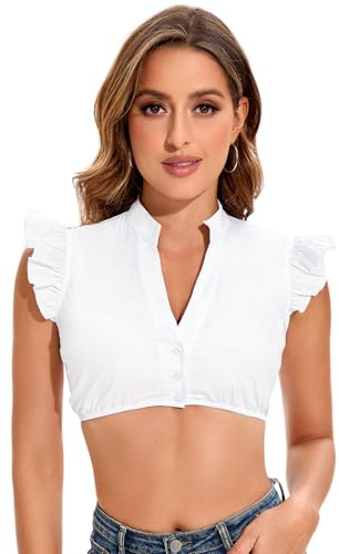 Goxozzy Dirndl Blusa Señoras,Mangas Casquillo con Cuello En V Tradicional Oktoberfest Dirndl Blusa, Blanco, 36