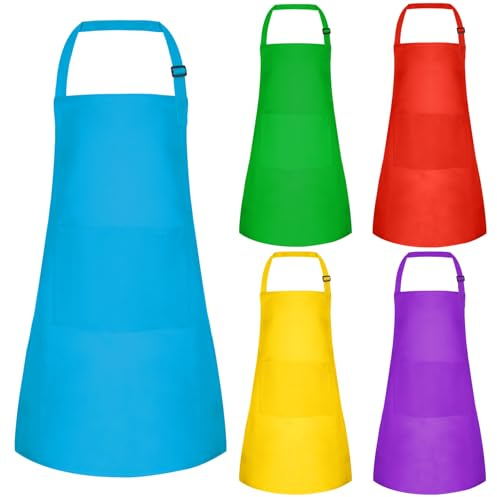 BOUBONI 5/10/20 Stück Kinder Schürze Verstellbare mit 2 Taschen für Jungen Mädchen Bastelschürze Kochschürze zum Zeichnen Malen Backen Kochen (5, Mehrfarbig)
