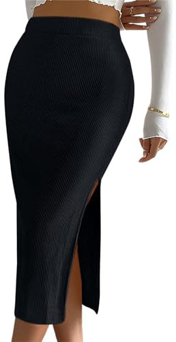 Basicspace Damen Elastisch Hohe Taille Lässig Rippe Stricken Midi Bodycon Rock Split Saum Mitte Länge Bleistift Schwarz Röcke(S,Schwarz)