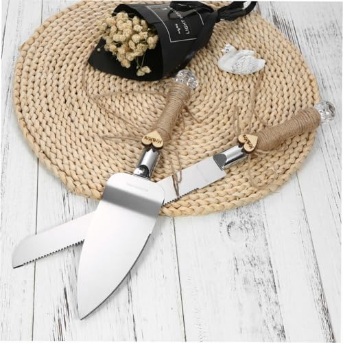 Sufrk Stainless Steel Wedding Cake Knife & Server Set Crystal Handles Cake Cutter with Packing Box for Wedding Anniversary Reception-White Ribbon (Burlap Lace)