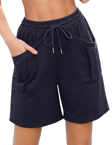 Aottori Shorts Donna Sportivi Pantaloncini Estivi Cotone Pantaloni Corti Palestra Bermuda con Tasche e Coulisse per Corsa Fitness Blu Navy L