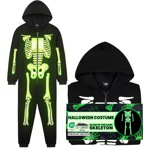 Get Trend Pijama Entero Niño Adolescente, Mono Esqueleto Brilla en la Oscuridad, Ropa de Dormir Polar con Capucha y Cremallera (7-8 Años, Negro)