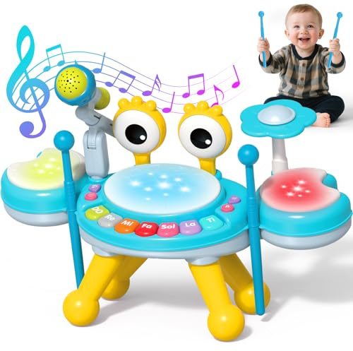 deAO Tambor Infantil con Micrófono Real & Luces, Batería Juguetes Niños, Juguetes Musicales Bebé con Baquetas y Canciones, Regalo Instrumentos Musicales Infantiles Niño Niña | Azul