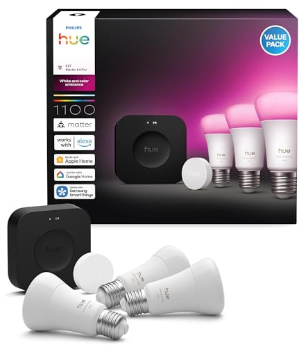 Philips Hue Starter Kit: Philips Hue Bridge Pro + Smart Button + 3 A60 E27 led-lampa, Smart glödlampa, Smart belysning med Apple Home, Amazon Alexa, Google Assistant och Samsung SmartThings