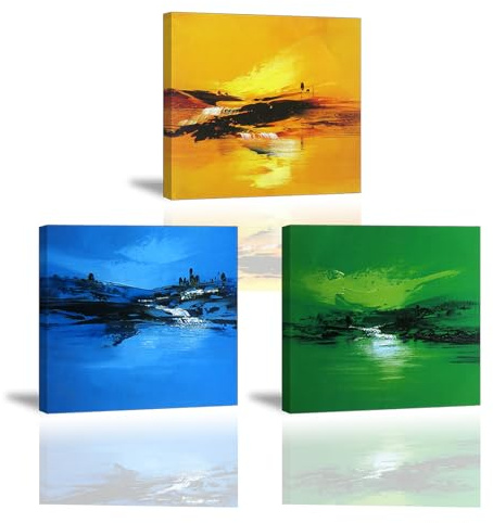 PIY PAINTING Astratte Tele Da Parete, Paesaggio Blu, Giallo e Verde Dipinto a Olio Stampato Su Tela, Moderna Quadri Murali Incorniciata Per Corridoio, Ingresso, Camera Da Letto, 3x 30x30 cm (30x90 cm)