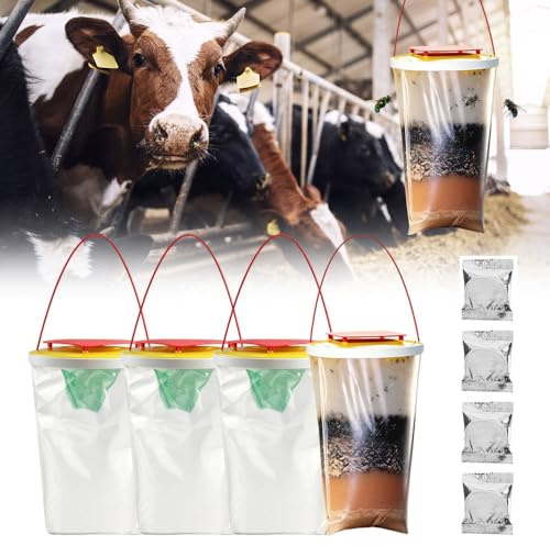 Mineup 4 Pezzi Trappola per Antimosche da Interno Esterno,Cattura Mosche con Alimenti, Sacchetti per trappole per mosche,Acchiappa Mosche per giardino, fattoria, stalla per cavalli all'aperto