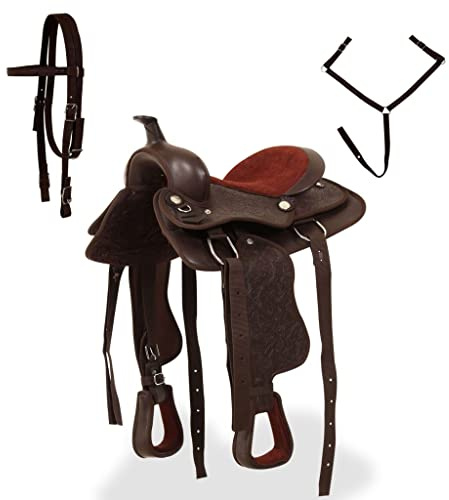 GeenYuu Western-sadel 13 tum äkta läder brun med hölster bröstblad, sadelträd, stoppning, stigbygel, bälte för ridsport, fritid, dressyr, hoppning och vandring