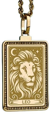 Collar con colgante del signo zodiacal Leo en relieve, hecho de plata de ley 925 con baño de oro, cadena de cable de 45 cm (18), dije rectangular para joyería unisex hecha a mano | LK_EMBO_00728