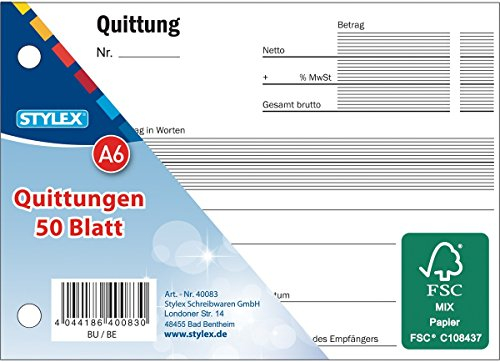 Stylex 40083 Quittungen A6, 50 Blatt