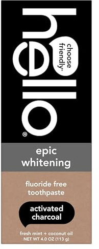 hello Epic Whitening Charcoal Fluoride Free Toothpaste, Activated Charcoal Toothpaste with Coconut Oil, Whitens Teeth Naturally, SLS Free, Fresh Mint, 4.0 Oz Tube