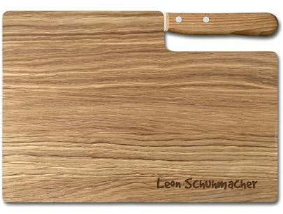 LOOXIS Planche à découper premium personnalisée avec couteau à bosse, nom et texte gravés - Bois de chêne, 26x15cm (Idée de cadeau pour femmes, hommes, emménagement, Saint-Valentin) Nom