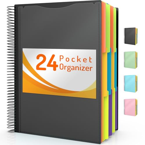 Forvencer 24 Pocket Project Organizer, 1/3-cut Tab Binder Organizer with Sticky Labels, Multi Pocket Folder with Zipper Pouch, Folder Binder Spiral Pocket Notebook, Office Supplies